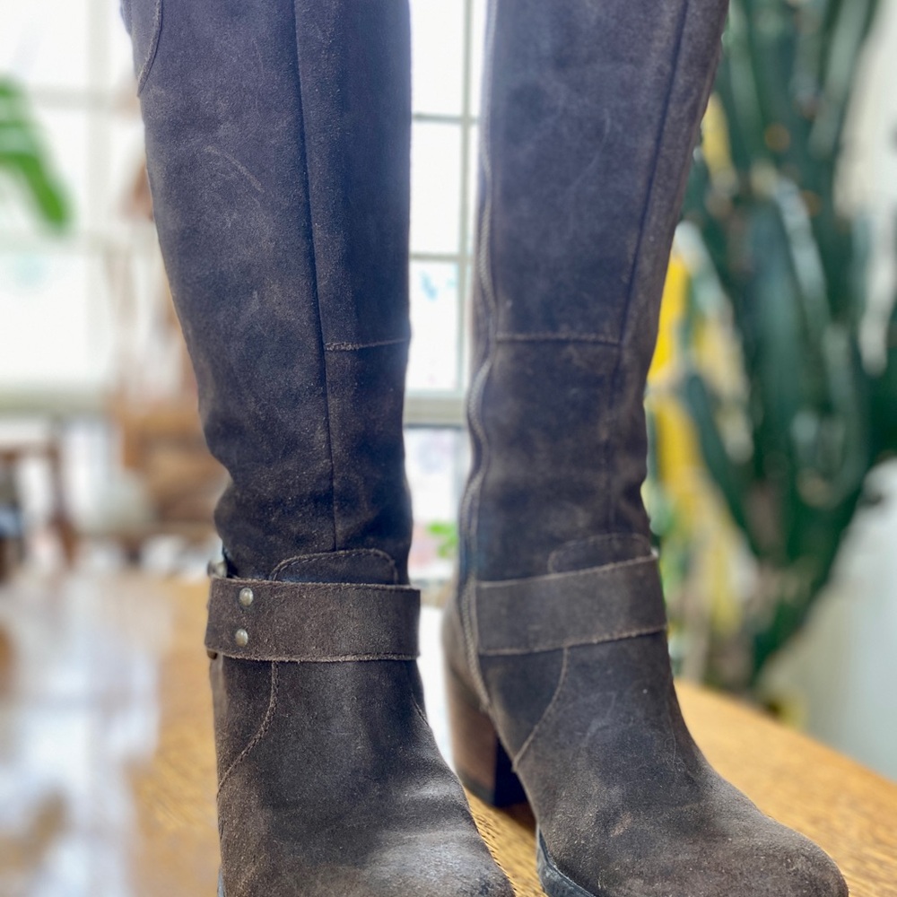Born Brown Sueded Leather Heeled Boots with Buckle - Picture 3 of 16